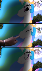 Size: 3840x6480 | Tagged: safe, artist:ashidaru, artist:bastbrushie, character:princess celestia, species:alicorn, species:human, species:pony, :t, absurd resolution, blushing, boop, comic, cute, cutelestia, eyes closed, female, finger, frown, hand, irl, irl human, looking at you, looking away, mare, photo, ponies in real life, scrunchy face, shadow, solo focus, tree, vector, wavy mouth, wide eyes