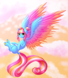 Size: 2000x2280 | Tagged: safe, artist:fluffymaiden, oc, oc only, oc:raspberry sherbet, species:pegasus, species:pony, cloud, colored wings, colored wingtips, flying, solo, spread wings, wings