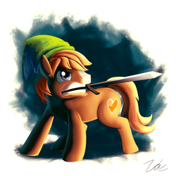 Size: 1275x1275 | Tagged: safe, artist:zelc-face, character:quarter hearts, episode:flutter brutter, g4, my little pony: friendship is magic, clothing, glare, gritted teeth, hat, link, mouth hold, ponified, signature, solo, sword, the legend of zelda, weapon