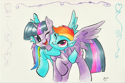 Size: 1024x683 | Tagged: safe, artist:kittyhawk-contrail, character:rainbow dash, character:twilight sparkle, character:twilight sparkle (alicorn), species:alicorn, species:pegasus, species:pony, ship:twidash, :i, cheek fluff, cheek squish, chest fluff, cute, dashabetes, ear fluff, eye contact, female, fluffy, flying, happy, hug, leg fluff, lesbian, looking at each other, mare, neck fluff, open mouth, raised hoof, shipping, simple background, smiling, spread wings, squishy cheeks, twiabetes, white background, wings