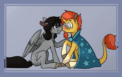 Size: 1268x796 | Tagged: safe, artist:enma-darei, character:sunburst, oc, oc:mortimer hooves, species:pegasus, species:pony, species:unicorn, blushing, boop, canon x oc, eye contact, gay, glasses, looking at each other, male, noseboop, shipping, sitting, stallion