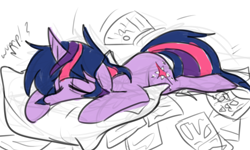 Size: 1280x770 | Tagged: safe, artist:ghost, character:twilight sparkle, species:pony, species:unicorn, bed, exhausted, eyes closed, female, flop, floppy ears, mare, messy mane, paper, pillow, prone, sketch, sleepy, solo, tired