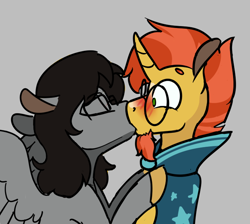 Size: 680x609 | Tagged: safe, artist:enma-darei, character:sunburst, oc, oc:mortimer hooves, species:pegasus, species:pony, species:unicorn, blushing, canon x oc, gay, glasses, kissing, male, shipping, simple background, stallion
