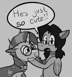 Size: 755x807 | Tagged: safe, artist:enma-darei, character:sunburst, oc, oc:mortimer hooves, species:pegasus, species:pony, species:unicorn, :t, cute, dialogue, facial hair, floppy ears, glasses, goatee, looking at you, male, monochrome, open mouth, scrunchy face, speech bubble, squishy cheeks, stallion, truth, wavy mouth, wide eyes