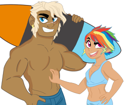 Size: 1101x924 | Tagged: safe, artist:dbkit, character:dumbbell, character:rainbow dash, species:human, ship:dumbdash, belly button, female, humanized, male, midriff, shipping, straight, surfboard