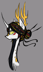 Size: 600x1011 | Tagged: safe, artist:australian-senior, oc, oc only, oc:niomedes invictus, species:alicorn, species:dracony, species:kirin, species:pony, alternate hairstyle, alternate universe, antlers, bust, colored sclera, curved horn, glados, gray background, hair bun, hairpin, hybrid, kirindos, portal (valve), portal 2, simple background, solo, yellow eyes