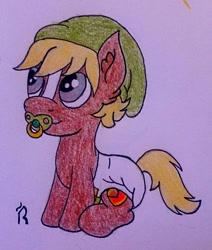 Size: 929x1093 | Tagged: safe, artist:dawn-designs-art, character:quarter hearts, baby, diaper, foal, link, pacifier, solo, the legend of zelda, traditional art