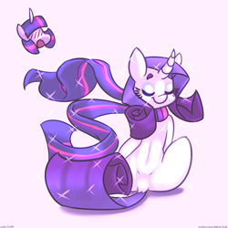Size: 3500x3500 | Tagged: safe, artist:ogaraorcynder, character:rarity, character:twilight sparkle, species:pony, ship:rarilight, blushing, clothing, curved horn, eyes closed, female, lesbian, looking back, mare, open mouth, rartwi, scarf, shipping, simple background, sitting, smiling, white background