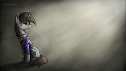 Size: 2304x1296 | Tagged: safe, artist:setharu, oc, oc only, oc:littlepip, species:pony, species:unicorn, fallout equestria, clothing, cutie mark, ear fluff, fanfic, fanfic art, female, frown, hooves, horn, looking up, mare, pipbuck, sad, signature, sitting, solo, vault suit