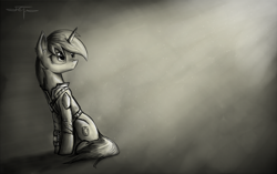 Size: 2058x1296 | Tagged: safe, artist:setharu, oc, oc only, oc:littlepip, species:pony, species:unicorn, fallout equestria, black and white, clothing, cutie mark, ear fluff, fanfic, fanfic art, female, frown, grayscale, hooves, horn, looking up, mare, monochrome, pipbuck, sad, signature, sitting, sketch, solo, vault suit
