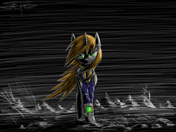 Size: 1280x960 | Tagged: safe, artist:setharu, oc, oc only, oc:littlepip, species:pony, species:unicorn, fallout equestria, angry, clothing, dark, fanfic, fanfic art, female, hooves, horn, looking at you, mare, outdoors, pipbuck, signature, solo, speedpaint, standing, vault suit, walking, wind, windswept mane