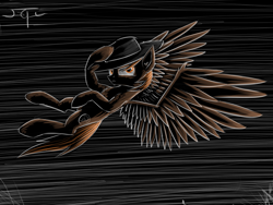 Size: 1280x960 | Tagged: safe, artist:setharu, oc, oc only, oc:calamity, species:pegasus, species:pony, fallout equestria, clothing, dark, flying, frown, hat, male, signature, solo, speedpaint, spread wings, stallion, wings