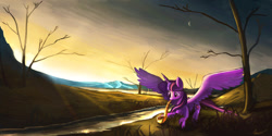 Size: 1264x632 | Tagged: safe, artist:auroriia, character:twilight sparkle, character:twilight sparkle (alicorn), species:alicorn, species:pony, crepuscular rays, female, musical instrument, saxophone, scenery, solo, twilight (astronomy)