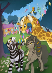 Size: 2820x3960 | Tagged: safe, artist:vindhov, oc, oc only, oc:cloudia, oc:follow lead, oc:sulphur pie, parent:pinkie pie, parent:trouble shoes, parents:trouble pie, species:earth pony, species:pony, species:zebra, circus, female, giraffe, mare, offspring