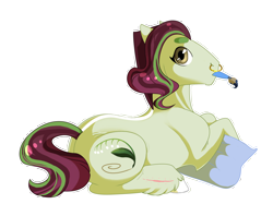 Size: 3856x3054 | Tagged: safe, artist:vindhov, oc, oc only, oc:midsummer's eve, ponysona, species:earth pony, species:pony, female, mare, mouth hold, nose piercing, nose ring, outline, paintbrush, piercing, pillow, scar, simple background, solo, transparent background, unshorn fetlocks