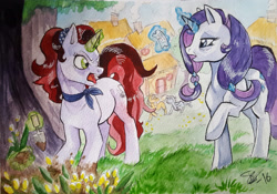 Size: 2706x1899 | Tagged: safe, artist:vindhov, character:rarity, oc, oc:bumblebee, oc:scarlet heart, oc:silver lining (vindhov), parent:donut joe, parent:fluttershy, parent:ponet, parent:rainbow dash, parent:rarity, parent:wind rider, parents:ponetshy, parents:rarijoe, parents:windash, species:earth pony, species:pegasus, species:pony, species:unicorn, female, flower, magic, mare, offspring, older, story in the source, traditional art