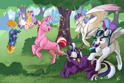 Size: 2734x1823 | Tagged: safe, artist:vindhov, character:princess cadance, character:princess flurry heart, character:shining armor, character:sunburst, character:twilight sparkle, character:twilight sparkle (alicorn), oc, oc:inkwell, oc:marigold twinkle, oc:nacre shell, oc:riposte, parent:flash sentry, parent:princess cadance, parent:shining armor, parent:sunburst, parent:twilight sparkle, parents:flashlight, parents:shiningcadance, parents:twiburst, species:alicorn, species:earth pony, species:pegasus, species:pony, species:unicorn, ship:twiburst, cousins, fake horn, family, female, flurry heart is not amused, half-siblings, jewelry, magic, male, mare, necklace, offspring, older, pearl, pearl necklace, picnic, shipping, snip (coat marking), socks (coat marking), sparkle family, stallion, telekinesis, tree