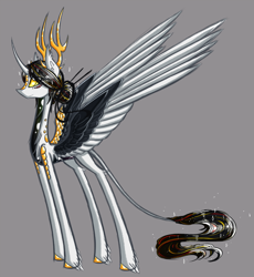 Size: 1024x1115 | Tagged: safe, artist:australian-senior, oc, oc only, oc:niomedes invictus, species:dracony, species:kirin, alternate universe, antlers, colored hooves, colored sclera, crossover, curved horn, glados, golden eyes, gray background, hybrid, kirindos, leonine tail, portal, portal (valve), portal 2, scales, simple background, solo