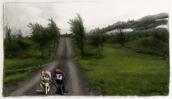 Size: 800x460 | Tagged: safe, artist:hewison, character:fluttershy, character:rarity, beret, clothing, duo, raised hoof, road, scarf, scenery, talking, walking, windy