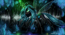 Size: 1840x1000 | Tagged: safe, artist:setharu, character:queen chrysalis, species:changeling, cave, changeling queen, crystal, female, magic, open mouth, solo