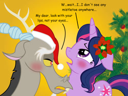 Size: 1188x891 | Tagged: safe, artist:cartuneslover16, character:discord, character:twilight sparkle, ship:discolight, blushing, christmas, comic sans, female, interspecies, male, shipping, straight, text