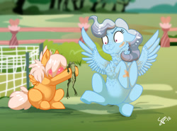 Size: 1963x1455 | Tagged: safe, artist:vindhov, oc, oc only, oc:bumblebee, oc:silver lining (vindhov), parent:fluttershy, parent:ponet, parent:rainbow dash, parent:wind rider, parents:ponetshy, parents:windash, species:pegasus, species:pony, bandaid, blushing, chest fluff, colt, female, frog, hidden eyes, male, mare, offspring, ruffled feathers, scrunchy face, story included