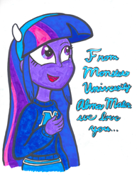 Size: 3600x4661 | Tagged: safe, artist:cartuneslover16, character:twilight sparkle, my little pony:equestria girls, clothing, crossover, female, monsters university, singing, solo, sweater, traditional art
