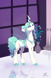 Size: 3087x4673 | Tagged: safe, artist:vindhov, oc, oc only, oc:princess iridescence, parent:princess celestia, parent:queen chrysalis, parents:chryslestia, species:changeling, species:changepony, species:pony, pandoraverse, changeling hybrid, changeling oc, female, hybrid, insect wings, magical lesbian spawn, mare, next generation, offspring, signature, solo, transparent wings