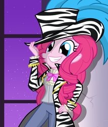 Size: 1700x2000 | Tagged: safe, artist:geraritydevillefort, character:pinkie pie, my little pony:equestria girls, clothing, crossover, cute, diapinkes, female, happy, hat, hat tip, night sky, pants, pimp, smiling, solo, stars, the scarlet pimpernel, top hat, window
