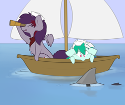 Size: 1280x1069 | Tagged: safe, artist:nom-sympony, oc, oc only, oc:pepci, oc:pepper dust, oc:spearmint, boat, shark, tongue out