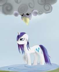 Size: 1536x1882 | Tagged: dead source, safe, artist:weird--fish, character:derpy hooves, character:rarity, species:pegasus, species:pony, species:unicorn, cloud, duo, female, mare, wet, wet mane, wet mane rarity