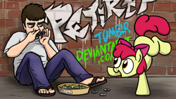 Size: 1024x576 | Tagged: safe, artist:petirep, character:apple bloom, species:human, species:pony, adorabloom, busking, cute, dancing, graffiti, harmonica, music, musical instrument