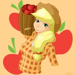 Size: 900x900 | Tagged: safe, artist:blackgryph0n, artist:prettykitty, character:applejack, cutie mark, female, humanized, solo