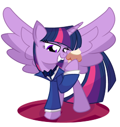 Size: 1800x1900 | Tagged: safe, artist:geraritydevillefort, character:twilight sparkle, character:twilight sparkle (alicorn), species:alicorn, species:pony, clothing, crossover, female, food, monsparkle, muffin, necktie, raised hoof, solo, the count of monte cristo