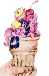 Size: 631x978 | Tagged: safe, artist:buttersprinkle, character:fluttershy, character:pinkie pie, character:twilight sparkle, species:human, species:pony, blep, cherry, cup of pony, cute, eyes closed, floppy ears, food, hand, ice cream, ice cream cone, looking at you, looking back, micro, nose wrinkle, on back, pony pile, size difference, smiling, tiny ponies, tongue out, traditional art