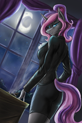 Size: 1001x1501 | Tagged: safe, artist:d-lowell, oc, oc only, oc:victoria vanity, species:anthro, species:bat pony, species:pony, species:unicorn, anthro oc, bat pony unicorn, clothing, fangs, female, hybrid, looking at you, skirt, solo, tube skirt