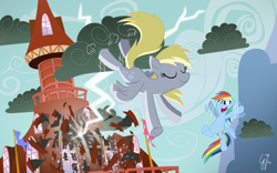 Size: 1920x1200 | Tagged: safe, artist:glancojusticar, edit, character:derpy hooves, character:rainbow dash, species:pegasus, species:pony, episode:the last roundup, g4, my little pony: friendship is magic, bucking, cloud, cloudy, deleted scene, destruction, duo, eyes closed, female, inverted mouth, lightning, mare, ponyville, ponyville town hall, scene interpretation, stormcloud, town hall