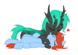 Size: 1024x720 | Tagged: safe, artist:kellythedrawinguni, oc, oc only, oc:panic moon, oc:rallsy, species:changeling, species:pony, species:unicorn, changeling oc, cuddling, cute, female, green changeling, heart, interspecies, kissing, male, smiling, snuggling, straight