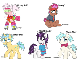 Size: 1090x838 | Tagged: safe, artist:dbkit, character:lickety split, oc, oc only, oc:critter trail, oc:robin blue, oc:rowdy, parent:donut joe, parent:fluttershy, parent:pinkie pie, parent:prince blueblood, parent:scootaloo, parent:snails, parent:snips, parent:trixie, parents:blueshy, parents:pinkiejoe, parents:tenderbelle, g1, feedback requested, g1 to g4, generation leap, knight shade, offspring, parents:scootasnips, parents:trails, sketch, sketch dump, wip