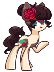 Size: 757x1000 | Tagged: safe, artist:looji, oc, oc only, oc:fantina fuego, species:earth pony, species:pony, female, flower, flower in hair, fringe, hair bun, looking at you, makeup, raised hoof, rose, solo, spotted