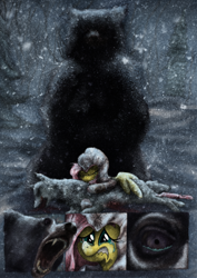 Size: 1024x1444 | Tagged: safe, artist:hewison, character:fluttershy, assassin's creed, bear, comic, snow, snowfall