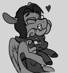Size: 638x681 | Tagged: safe, artist:enma-darei, oc, oc only, oc:cold snap, oc:mortimer hooves, species:pegasus, species:pony, annoyed, blushing, demolition bird squad, duo, female, hug, hug from behind, male, mare, monochrome, smiling, stallion
