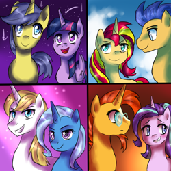 Size: 1400x1400 | Tagged: safe, artist:not-ordinary-pony, character:comet tail, character:flash sentry, character:prince blueblood, character:starlight glimmer, character:sunburst, character:sunset shimmer, character:trixie, character:twilight sparkle, character:twilight sparkle (alicorn), species:alicorn, species:pony, ship:bluetrix, ship:cometlight, ship:flashimmer, ship:starburst, counterparts, female, magical quartet, male, shipping, straight, twilight's counterparts