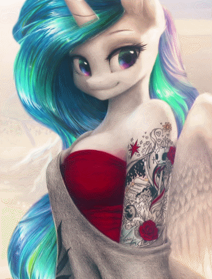Size: 426x561 | Tagged: safe, artist:katputze, artist:lunati, derpibooru original, character:princess celestia, species:alicorn, species:anthro, species:pony, animated, beautiful, breasts, bust, cleavage, clothing, color porn, dear princess celestia, dress, ear fluff, eye, eyes, female, flower, looking at you, mare, markers, multicolored iris, off shoulder, rainbow eyes, red dress, rose, skull, sleeve tattoo, smiling, solo, tattoo, traditional art