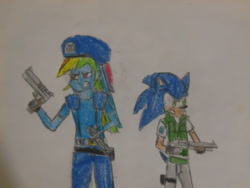Size: 1024x768 | Tagged: safe, artist:brandonale, character:rainbow dash, character:sonic the hedgehog, my little pony:equestria girls, chris redfield, clothing, cosplay, costume, crossover, jill valentine, resident evil, sonic the hedgehog (series), traditional art