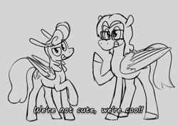 Size: 1000x704 | Tagged: safe, artist:enma-darei, oc, oc only, oc:cold snap, oc:mortimer hooves, species:pegasus, species:pony, demolition bird squad, duo, female, grin, looking at you, male, mare, monochrome, smiling, stallion, text