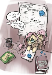 Size: 550x788 | Tagged: safe, artist:noben, character:fluttershy, book, cheese puffs, chocolate milk, d20, dice, game, glasses, parody, pathfinder, reference sheet, roleplaying, rpg, table, tabletop gaming