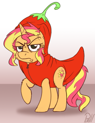 Size: 823x1066 | Tagged: safe, artist:pirill, character:sunset shimmer, species:pony, species:unicorn, newbie artist training grounds, my little pony:equestria girls, angry, atg 2016, chili pepper, clothing, costume, female, food, pepper, solo, sunset shimmer dressing up as food, unamused