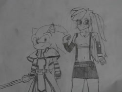 Size: 1024x768 | Tagged: safe, artist:brandonale, character:rainbow dash, character:sonic the hedgehog, my little pony:equestria girls, clothing, cosplay, costume, crossover, final fantasy, final fantasy vii, guilty gear, ky kiske, monochrome, sonic the hedgehog (series), tifa lockhart, traditional art