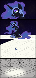 Size: 1920x4154 | Tagged: safe, artist:pirill, character:nightmare moon, character:princess luna, species:alicorn, species:pony, newbie artist training grounds, atg 2016, comic, female, keyboard, micro, microscopic, pun, sad, solo, space, visual gag, wat